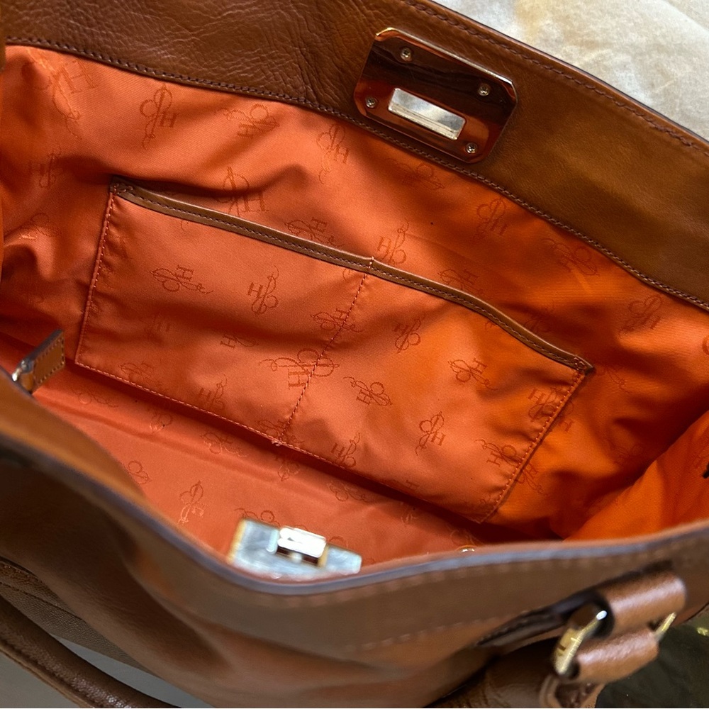 Cole Haan | Vintage Valise Kendra E/W Tote Brown Leather Vibrant Orange Lining - Picture 9 of 16